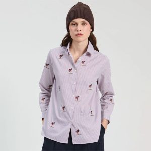 Tea Red Blue Stripe Embroidered Shirt